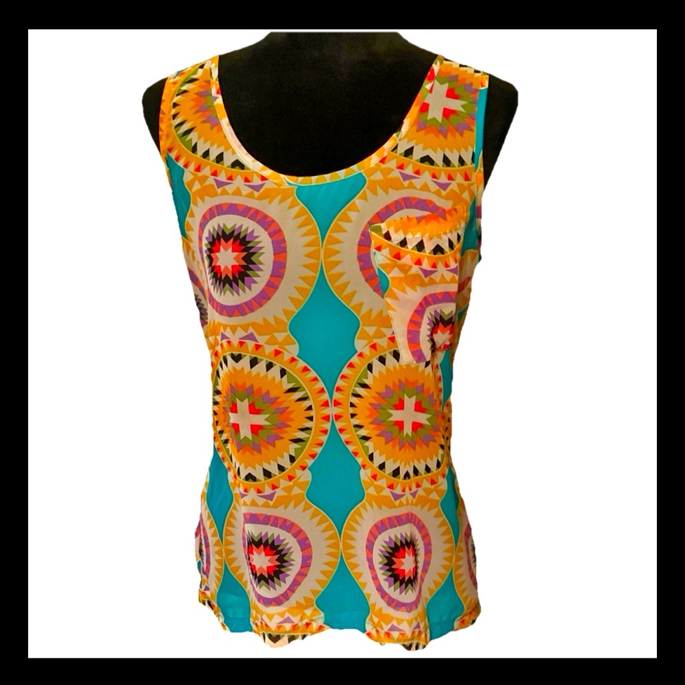 🎉HP🎉ANTHRO Umgee Sheer Chiffon Sleeveless Geometric Retro Mod Artsy Print Top S